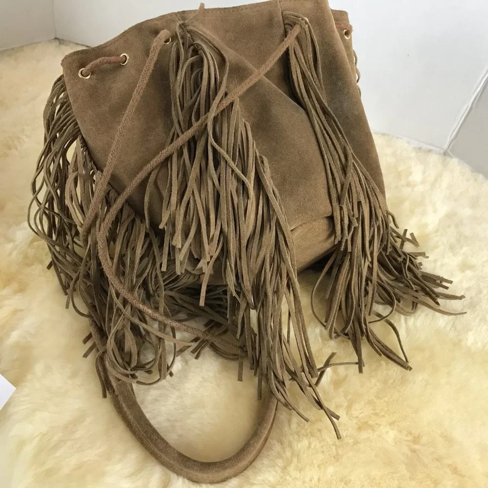 Sopresa tan suede leather fringe backpack